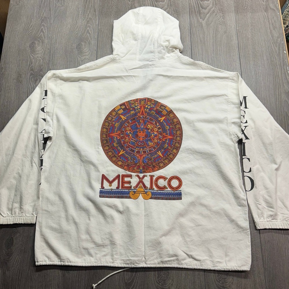 Vintage Mexico Aztec Sun Stone Calendar Zip Up Hoodie White XXL Puerto Vallarta